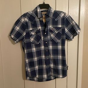 Hollister Mens Western Cowboy Shirt Blue Plaid Short Sleeve Pearl Snap Cotton